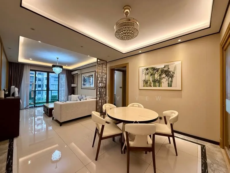 Living features: cream painted walls, marble tile flooring, tray ceiling with recessed lighting, chandelier, floor-to-ceiling windows, sliding glass door, sheer curtains, sofa in light fabric, coffee table, TV console, area rug, decorative wall art; style: modern; view: garden. Dining features: round dining table, upholstered dining chairs, decorative centerpiece, wall-mounted artwork; style: modern.