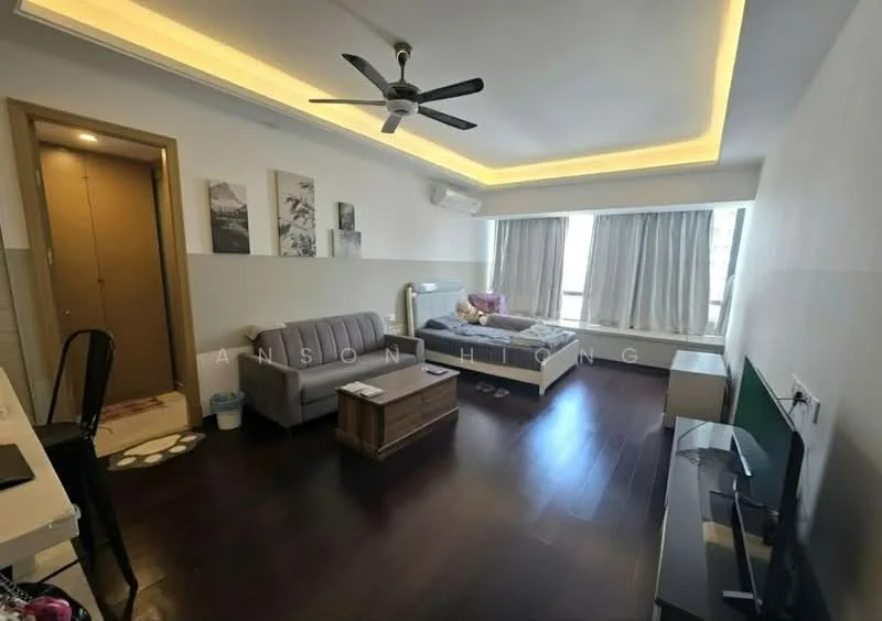 Living features: 5-blade ceiling fan with light, recessed LED downlights, sofa in grey fabric, wood coffee table, wall-mounted TV, TV console, floor-to-ceiling windows with sheer curtains, dark wood flooring, decorative wall art, air conditioning unit; style: modern; view: city. Room features: queen-size bed, bedding, bedside table, sliding door wardrobe.