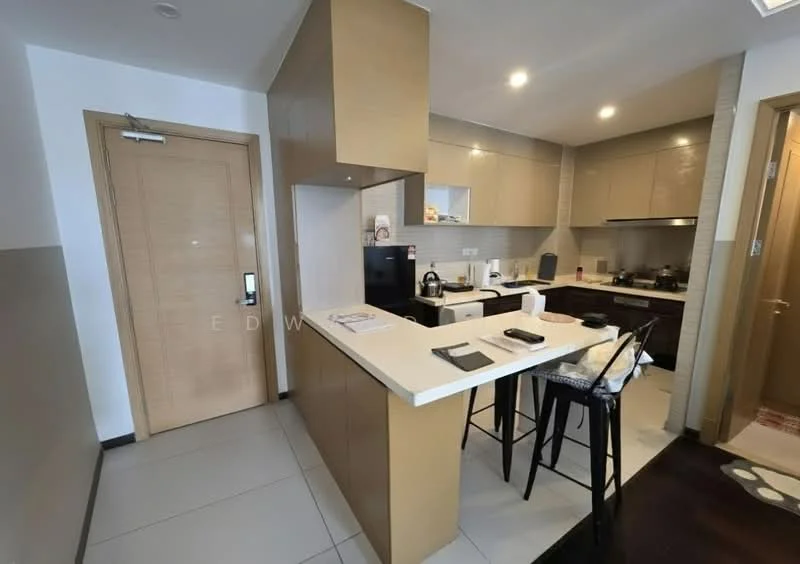 Kitchen features: L-shaped kitchen layout, white laminate cabinetry, black countertop, stainless-steel sink, chrome pull-down faucet, built-in oven, freestanding range oven, microwave, refrigerator, bar stools, tile backsplash, recessed downlights, ceramic tile flooring; style: modern. Room features: wooden door, wall-mounted intercom, floor-to-ceiling mirror.