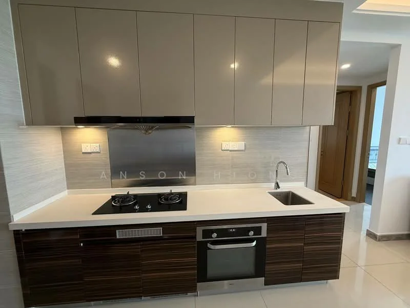 Kitchen features: brown wood cabinetry, grey high-gloss upper cabinets, white quartz countertop, stainless-steel sink, chrome pull-down faucet, built-in oven, 4-burner gas hob, stainless-steel range hood, white tiled backsplash, recessed downlights, ceramic tile flooring, wall-mounted cabinets; style: modern.