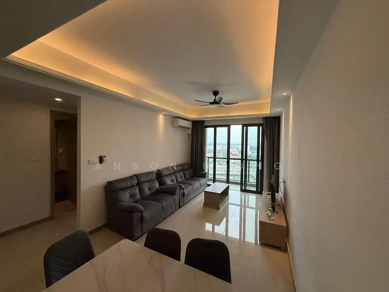 Living features: 3-seater fabric sofa in grey, coffee table, wall-mounted TV, ceiling fan with light, recessed LED downlights, floor-to-ceiling windows, curtains, cream painted walls, marble tile flooring; style: modern; view: city.