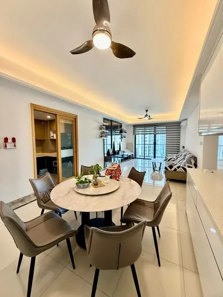 Dining features: round marble dining table, 4 upholstered dining chairs in beige, recessed LED downlights, ceiling fan with light, white painted walls, sliding glass door to balcony, large windows with sheer curtains, open layout to living area, decorative centerpiece on table; style: modern; view: city. Living features: sofa in black and white pattern, TV console with wall-mounted TV, decorative wall shelving, large windows with blinds, light-colored flooring, recessed lighting, open layout to dining area; style: modern; view: city.