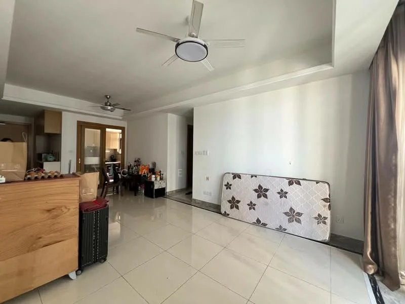 Living features: white painted walls, glossy tile flooring, 5-blade ceiling fan with light, recessed downlights, large window with sheer curtains, open layout to kitchen, decorative wall paneling, area rug with floral pattern; style: modern. Room features: mattress on floor, wooden furniture, decorative items on shelves.