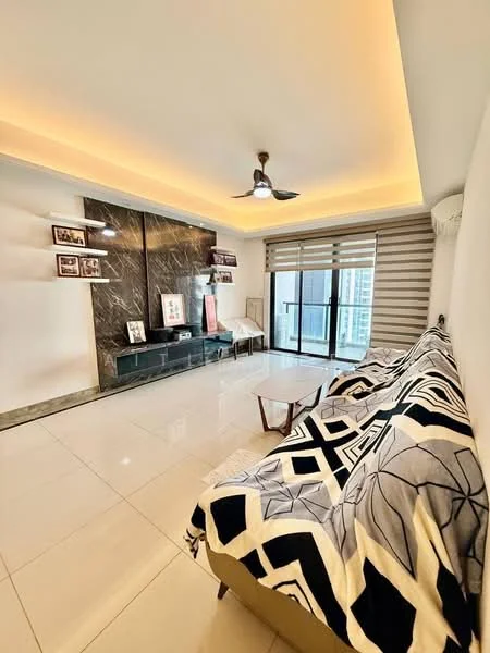 Living features: white painted walls, marble accent wall, recessed ceiling lights, 5-blade ceiling fan with light, large sliding glass door, window with blinds, glossy tile flooring, decorative wall frames, coffee table, sofa with geometric pattern; style: modern; view: city.