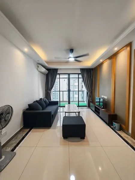Living features: 3-seater fabric sofa in dark grey, glass coffee table, wall-mounted TV, TV console, floor-to-ceiling windows, sliding glass door, curtains, ceiling fan with light, marble tile flooring, white painted walls, decorative wall paneling, air conditioning unit; style: modern; view: city.