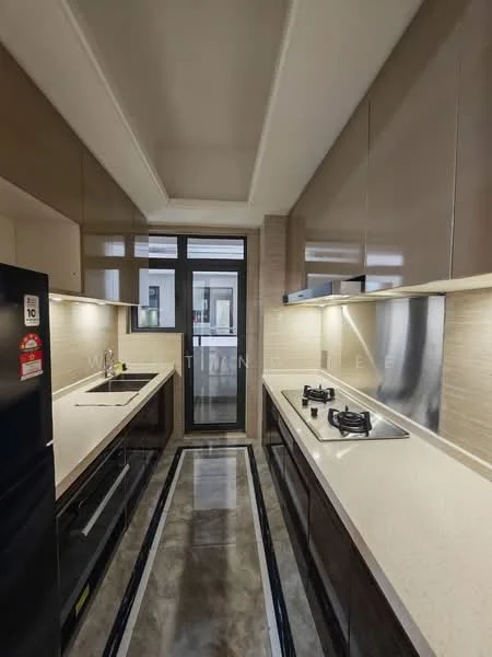 Kitchen features: light brown high-gloss cabinetry, white quartz countertop, double-bowl stainless-steel sink, chrome pull-down faucet, built-in oven, 4-burner gas hob, black refrigerator, recessed LED downlights, grey tile flooring, sliding glass door, window with view to outside; style: modern.