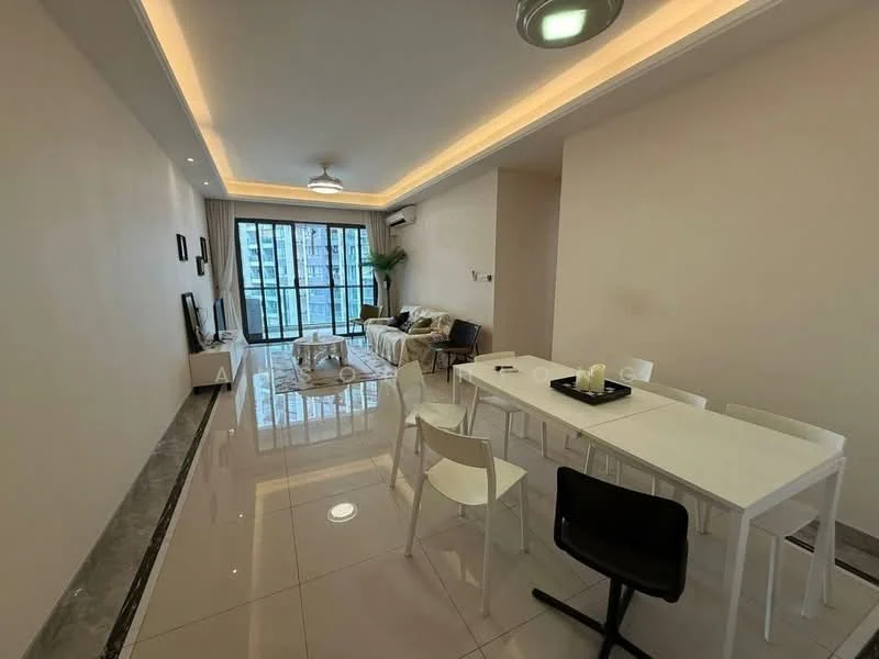 Living features: white painted walls, glossy tile flooring, recessed downlights, 5-blade ceiling fan with light, floor-to-ceiling windows, sliding glass door, black dining chairs, white dining table, sofa in light fabric, decorative plant, TV console, area rug; style: modern; view: city.