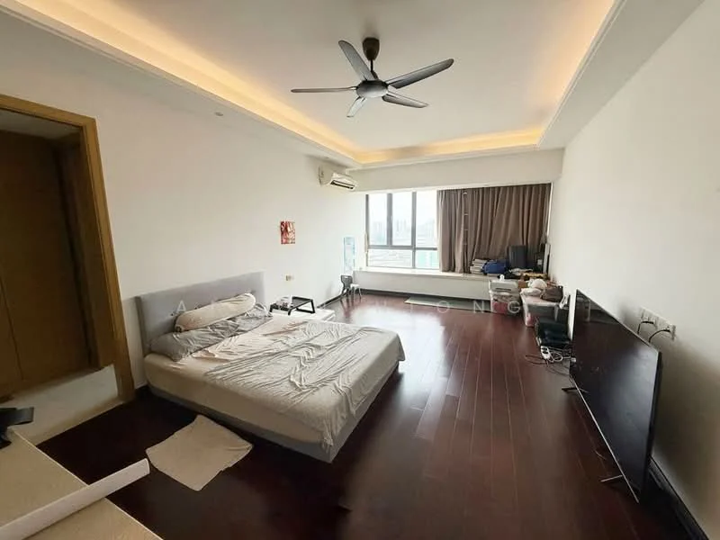 Bedroom features: king-size bed with white bedding, wooden flooring, 5-blade ceiling fan with light, floor-to-ceiling windows, curtains, wall-mounted TV, decorative wall art, air conditioning unit; style: modern; view: city.