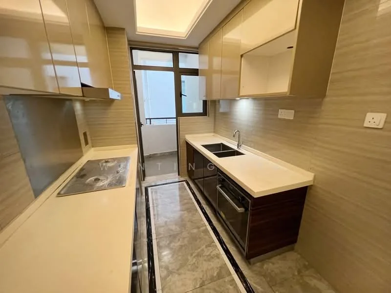 Kitchen features: white quartz countertop, stainless-steel single-bowl sink, chrome pull-down faucet, built-in oven, stainless-steel dishwasher, cream cabinetry with flat-panel doors, grey marble tile flooring, recessed downlights, sliding glass door, window with view to balcony, backsplash with textured finish; style: modern.
