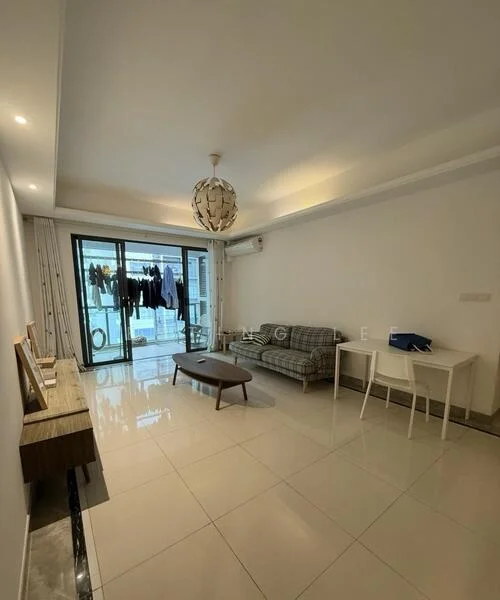Living features: white painted walls, glossy tile flooring, 5-blade ceiling fan with light, floor-to-ceiling sliding glass door, curtains, sofa in grey fabric, coffee table, TV console, wall-mounted air conditioning unit, decorative pendant light, dining table with chairs; style: modern.