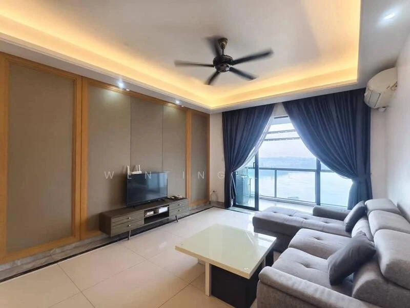 Living features: grey fabric sectional sofa, coffee table with white top, TV console, wall-mounted TV, floor-to-ceiling windows, curtains in dark blue, recessed downlights, tray ceiling with LED lighting, marble flooring, air conditioning unit; style: modern; view: sea.