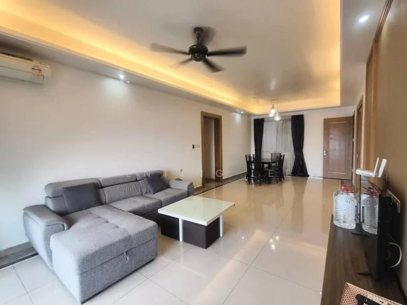 Living features: grey L-shape sectional sofa, white coffee table, wall-mounted TV, dark wood TV console, 5-blade ceiling fan with light, recessed LED downlights, cream painted walls, glossy tile flooring, dining area with black dining table and chairs, curtains on windows; style: modern.
