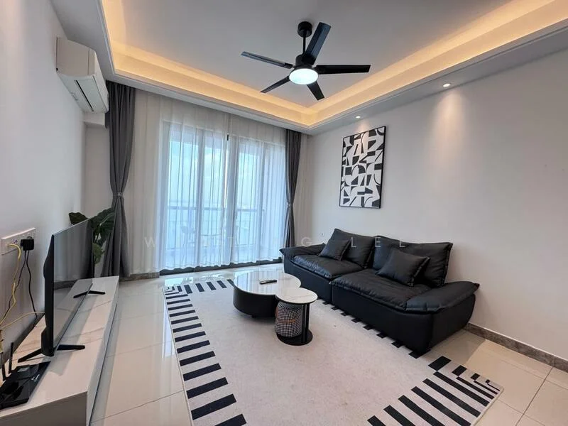 Living features: black leather sofa, round coffee table, area rug with geometric pattern, wall-mounted TV, 5-blade ceiling fan with integrated LED light, floor-to-ceiling windows, curtains, marble tile flooring, recessed lighting, decorative wall art; style: modern.