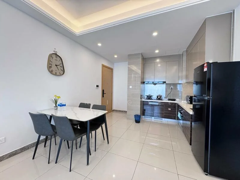 Kitchen features: white painted walls, glossy tile flooring, recessed downlights, ceiling with cove lighting, black refrigerator, built-in oven, 4-burner gas hob, stainless-steel sink, grey cabinetry, white countertop, dining table for 4, grey upholstered dining chairs, wall clock; style: modern.
