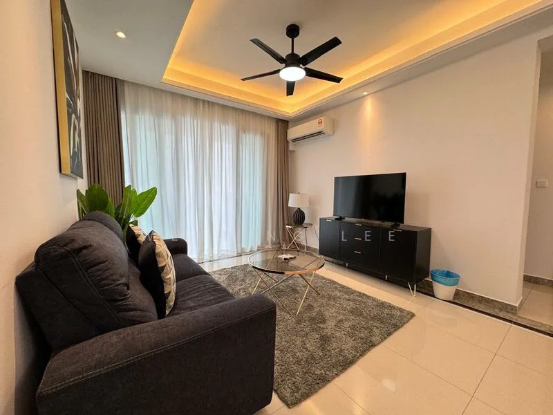 Living features: 3-seater fabric sofa in dark grey, coffee table with glass top, area rug with geometric pattern, wall-mounted TV, black TV console, floor-to-ceiling windows with sheer curtains, recessed LED downlights, 5-blade ceiling fan with light, indoor plant, marble tile flooring, air conditioning unit; style: modern.