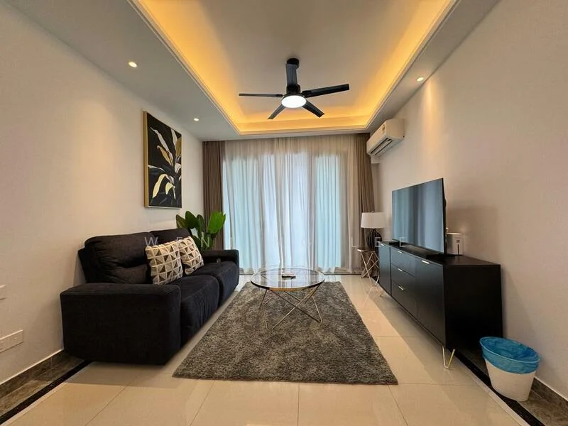 Living features: 3-seater fabric sofa in dark grey, decorative throw pillows, glass coffee table with gold metal legs, area rug in grey, wall-mounted TV, black TV console, floor-to-ceiling windows with sheer curtains, ceiling fan with light, recessed lighting, potted plant, artwork on wall, air conditioning unit; style: modern.