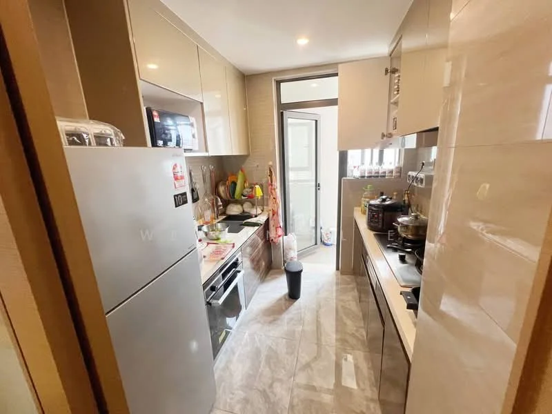 Kitchen features: grey cabinetry, stainless-steel fridge, built-in oven, 4-burner gas hob, black countertop, ceramic tile backsplash, double-bowl stainless-steel sink, chrome pull-down faucet, microwave, wall-mounted cabinets, tile flooring, window with natural light, kitchen utensils on countertop, cooking pots on stove; style: modern.