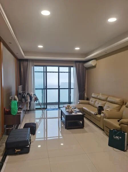 Living features: 3-seater leather sofa in beige, coffee table, wall-mounted TV, floor-to-ceiling windows, sheer curtains, recessed downlights, polished ceramic tile flooring, wall-mounted split AC; style: modern; view: sea.