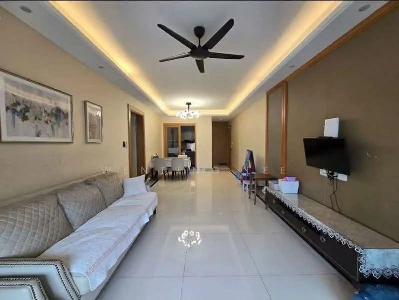 Living features: 3-seater fabric sofa in beige, ceiling fan with light, recessed LED downlights, wall-mounted TV, TV console, marble flooring, decorative wall with wood paneling, dining area visible in background, chandelier, framed artwork, white walls, crown moulding; style: modern.