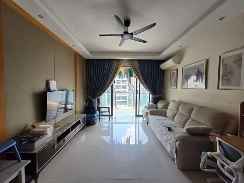 Living features: 3-seater fabric sofa in beige, coffee table, wall-mounted TV, TV console, floor-to-ceiling windows, sliding glass door, curtains in dark blue, ceiling fan with light, polished tile flooring, decorative artwork on walls, light-colored wall with wood paneling, air conditioning unit; style: modern; view: city.