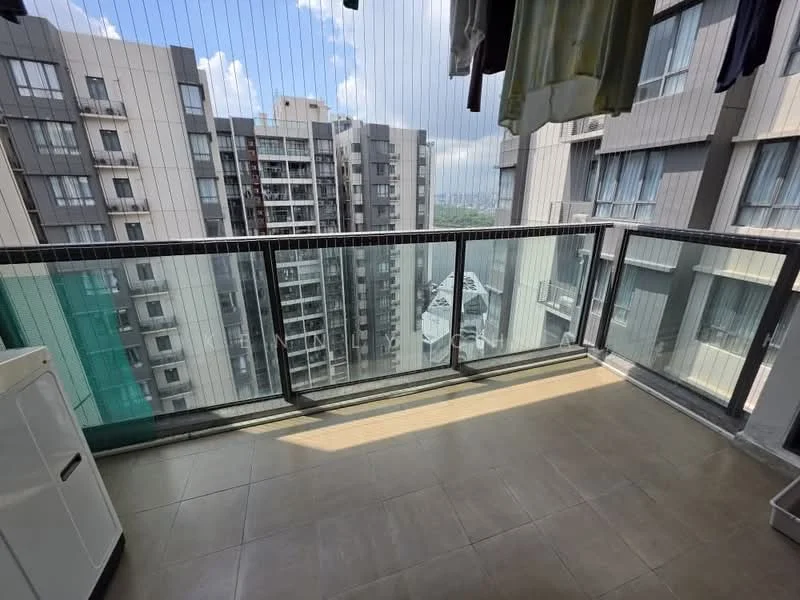 Room features: glass balcony railing, tiled flooring, laundry area with washing machine, city skyline view, high-rise building backdrop, outdoor space with sunlight exposure; style: modern; view: city.