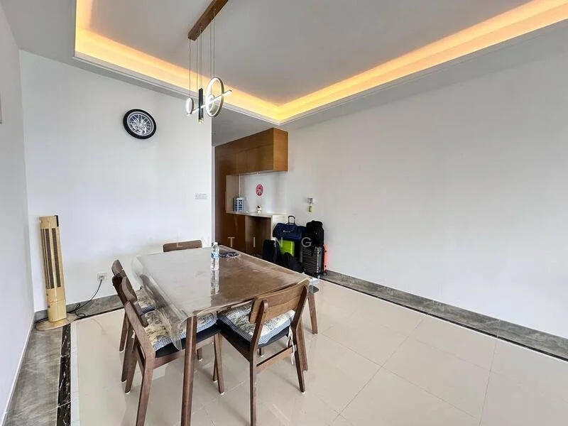 Dining features: dining table with 6 chairs, pendant light fixture, white painted walls, recessed ceiling lights, marble tile flooring, wooden cabinetry, clock on wall, floor-to-ceiling windows, decorative wall paneling, air conditioning unit, open space layout; style: modern.