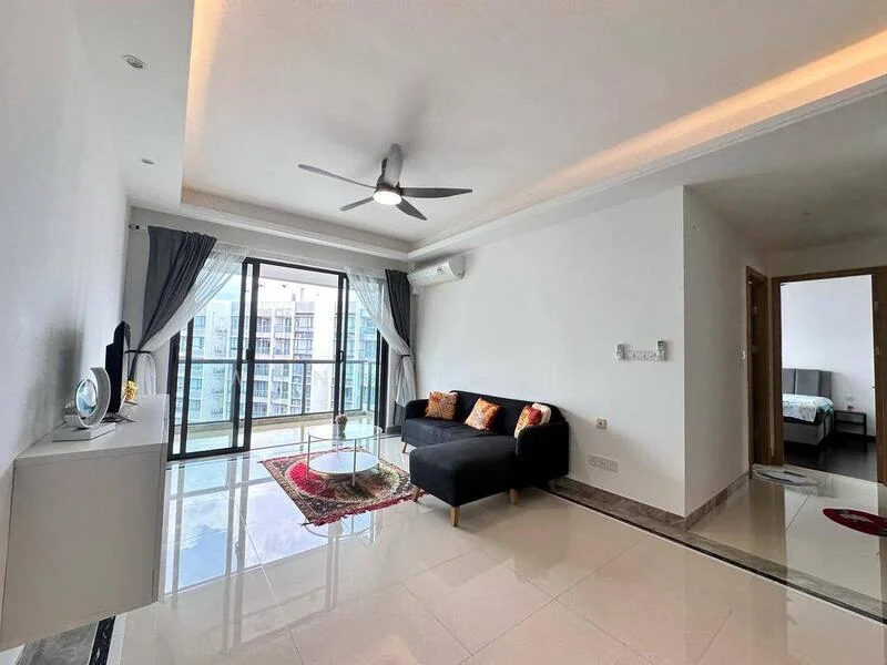 Living features: 5-blade ceiling fan with light, floor-to-ceiling windows, grey fabric sofa, area rug with geometric pattern, TV console, wall-mounted TV, decorative cushions, white painted walls, marble tile flooring, curtains, air conditioning unit; style: modern; view: city.