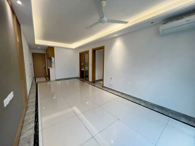 Room features: white painted walls, grey accent wall, glossy tile flooring, recessed ceiling lights, 5-blade ceiling fan, wall-mounted air conditioning unit, doorway leading to another room, doorway leading to kitchen area, decorative crown moulding, marble skirting; style: modern.