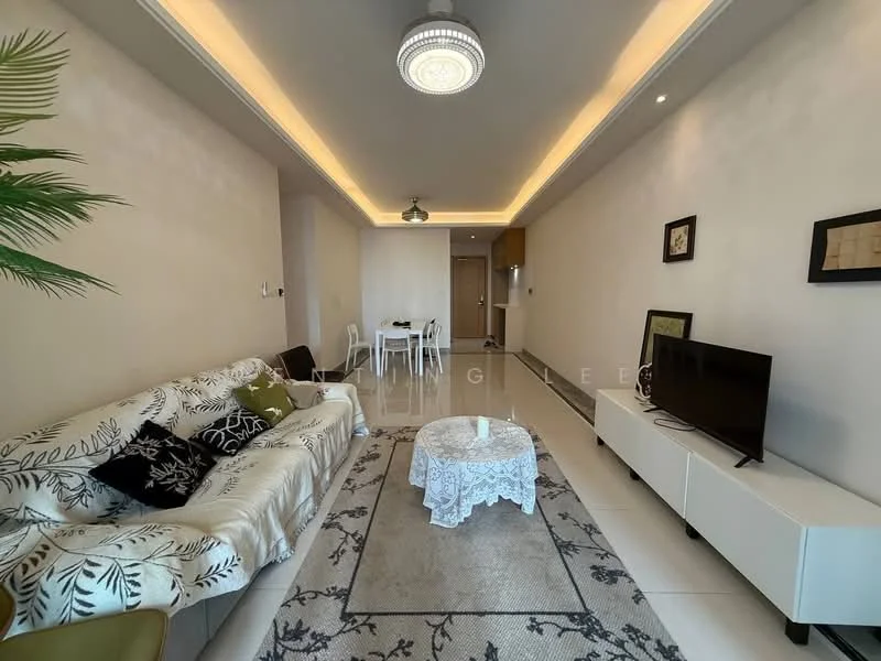 Living features: 3-seater fabric sofa with floral pattern, coffee table with lace tablecloth, area rug with geometric pattern, wall-mounted TV, white TV console, ceiling light fixture with decorative design, recessed lighting, white painted walls, tile flooring, decorative wall art, indoor plant; style: modern.