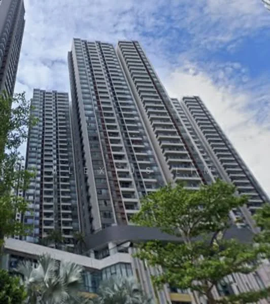 Exterior type: high-rise condominium; features: glass curtain wall, projecting balconies, vertical fins, manicured landscaping, mature trees, surrounded by greenery; style: modern.