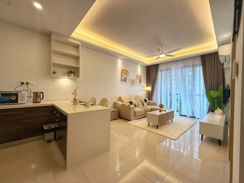Living features: cream painted walls, tray ceiling with recessed lighting, marble tile flooring, 5-blade ceiling fan with light, sofa in beige fabric, coffee table, TV console, wall-mounted TV, floor-to-ceiling windows with sheer curtains, sliding glass door, decorative plants in ceramic pots, area rug, artwork on walls; style: modern; view: garden. Kitchen features: white cabinetry, countertop with breakfast bar, stainless-steel sink, chrome pull-down faucet, built-in microwave, coffee machine, open shelving; style: modern.