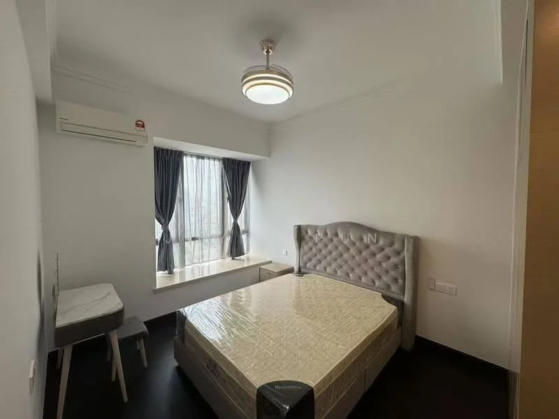 Bedroom features: queen-size bed, upholstered headboard, bedside table, floor-to-ceiling window, sheer curtains, wall-mounted split AC, light fixture with circular design, dark wood flooring, white painted walls; style: modern.