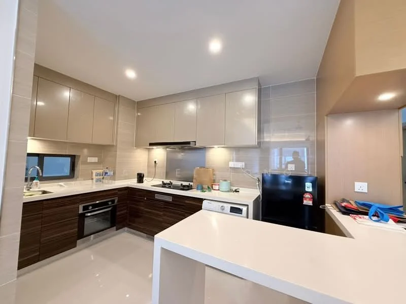 Kitchen features: brown wooden cabinetry, beige high-gloss upper cabinets, white quartz countertop, stainless-steel sink, chrome pull-down faucet, built-in gas hob, built-in oven, stainless-steel range hood, black refrigerator, tile backsplash, recessed downlights, open layout with breakfast bar; style: modern.