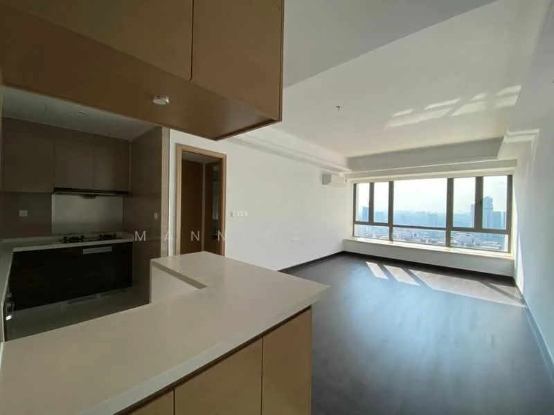 Kitchen features: white quartz countertop, brown cabinetry, built-in oven, 4-burner gas hob, stainless-steel range hood, single-bowl stainless-steel sink, chrome pull-down faucet; style: modern. Living features: floor-to-ceiling windows, wood laminate flooring, wall-mounted split AC, recessed downlights, neutral painted walls; style: modern; view: city.