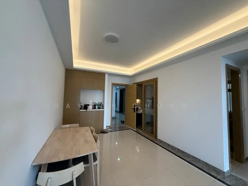 Room features: white painted walls, recessed ceiling with LED strip lighting, glossy tile flooring, wooden door, built-in cabinetry, dining table with chairs, open layout, neutral color palette; style: modern.