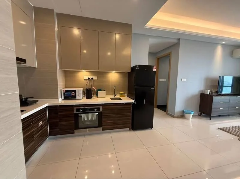 Kitchen features: brown wooden cabinetry, white countertop, stainless-steel sink, chrome pull-down faucet, built-in oven, freestanding black fridge, microwave, ceramic tile flooring, recessed downlights, wall-mounted TV, grey accent wall, open shelving; style: modern.
