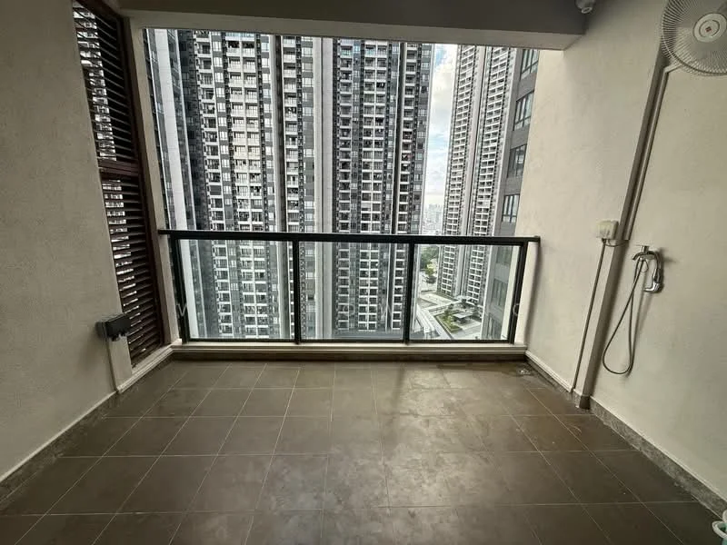 Balcony features: glass railing, tiled flooring, exposed concrete walls, wall-mounted faucet, outdoor shower, city view, sliding glass door, window shutters; style: modern; view: city.