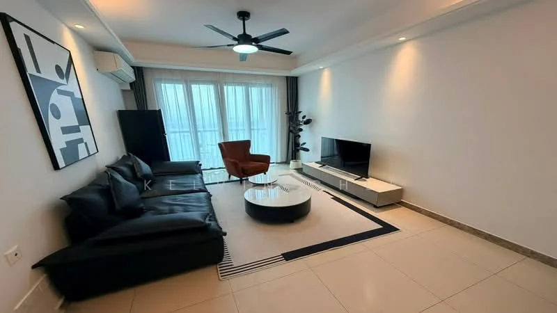 Living features: black leather sectional sofa, brown leather armchair, round coffee table with white top, TV console with white finish, wall-mounted flat-screen TV, ceiling fan with light, recessed downlights, large sliding glass doors, white painted walls, cream tiled flooring, decorative wall art; style: modern.