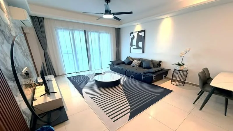 Living features: 3-seater fabric sofa in dark grey, round coffee table with black top, area rug with geometric pattern, wall-mounted TV, ceiling fan with light, floor-to-ceiling windows with sheer curtains, decorative plant in ceramic pot, dining table for 4 with upholstered chairs, marble flooring, wall with stone cladding, artwork on wall; style: modern; view: city.