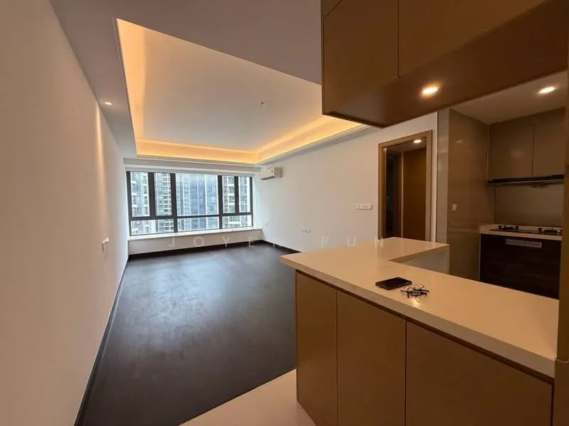 Living features: dark wood flooring, white painted walls, tray ceiling with recessed lighting, floor-to-ceiling windows, air conditioning unit, open layout to kitchen, LED strip lighting, kitchen island with countertop; style: modern; view: city. Kitchen features: stainless-steel gas hob, built-in oven, dark cabinetry, light-colored countertop, kitchen island, open layout to living area; style: modern.