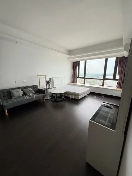 Living features: large floor-to-ceiling windows, dark wood flooring, white painted walls, sofa in grey fabric, round coffee table, bed frame without mattress, TV console, curtains in dark maroon, ceiling with recessed lighting, standing fan; style: modern; view: city.