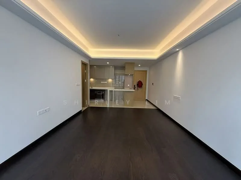 Living features: dark hardwood flooring, white painted walls, recessed lighting, tray ceiling with LED strip lighting, open layout to kitchen, floor-to-ceiling windows, no visible furniture, neutral color palette; style: modern. Kitchen features: light-colored cabinetry, stainless-steel appliances, granite countertop, backlit backsplash, built-in oven, cooktop, kitchen island, open to living area; style: modern.