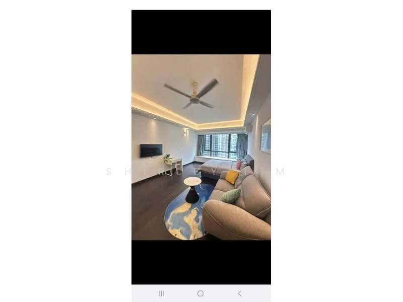 Room features: 5-blade ceiling fan with light, recessed LED downlights, wall-mounted TV, sofa in light grey fabric, coffee table in black, area rug with abstract pattern, large window with city view, dark wood flooring, bed with light bedding, decorative wall art; style: modern; view: city.