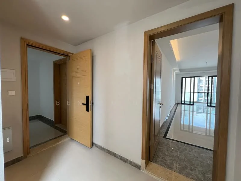 Room features: white painted walls, tile flooring, wooden doors, glass door, recessed lighting, neutral color scheme, corner windows, marble trim; style: modern.