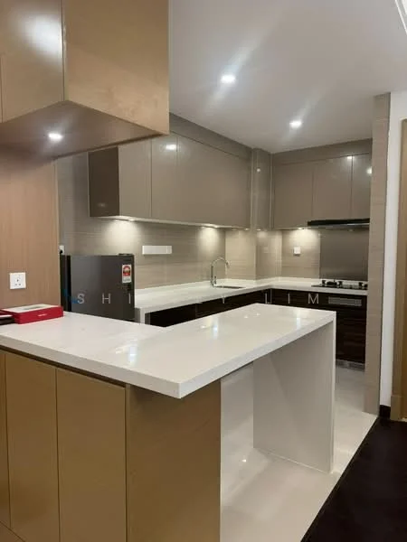 Kitchen features: white quartz countertop, brown cabinetry, stainless-steel fridge, built-in oven, 4-burner gas hob, chrome pull-down faucet, single-bowl stainless-steel sink, recessed LED downlights, tile backsplash, open shelving, island with seating, ceramic tile flooring; style: modern.