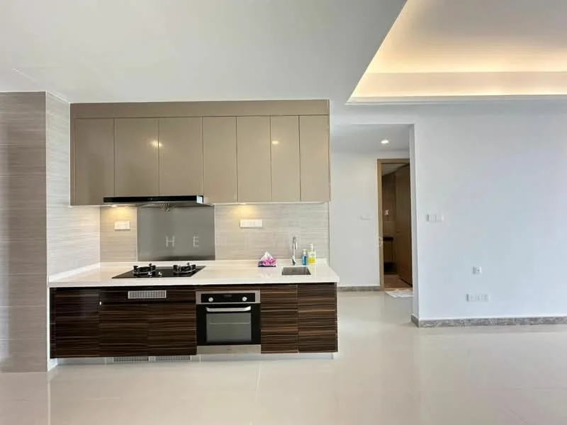 Kitchen features: brown wood cabinetry, beige upper cabinets, white countertop, built-in oven, 4-burner gas hob, stainless-steel range hood, single-bowl stainless-steel sink, chrome pull-down faucet, tile backsplash, recessed downlights, white tiled flooring, open layout, modern design; style: modern.