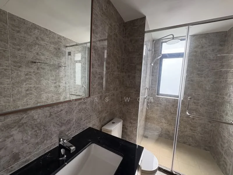 Bathroom features: grey marble tile walls, black granite countertop, single-sink vanity, chrome basin mixer faucet, built-in mirror, walk-in shower with glass enclosure, rain shower head, toilet, tile flooring, window for natural light; style: modern.
