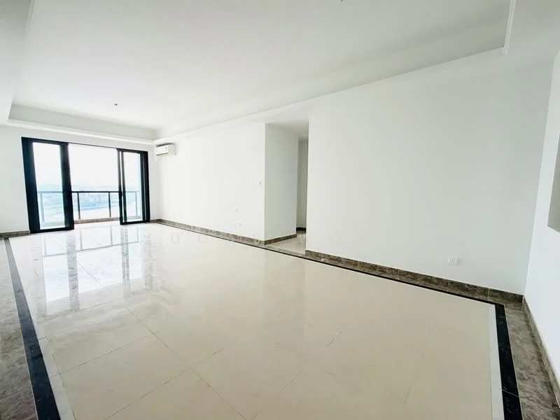 Living features: white painted walls, marble tile flooring, ceiling with recessed downlights, floor-to-ceiling windows, sliding glass door, air conditioning unit, black border trim on flooring; style: modern; view: city.