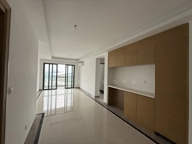 Living features: white painted walls, polished tile flooring, recessed downlights, floor-to-ceiling windows, sliding glass door, built-in cabinetry, neutral color scheme, crown moulding; style: modern; view: city.