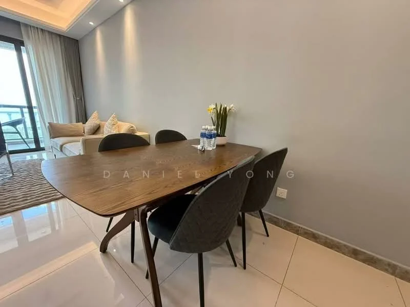 Dining features: wooden dining table, 4 dining chairs, water bottles on table, grey painted walls, white ceiling, floor-to-ceiling windows, marble tile flooring, decorative vase with flowers, sofa visible in background, area rug; style: modern; view: city.